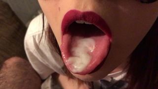 Teen Red Lipstick Closeup Blowjob, Cum on Tongue and Swallow
