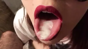 Teen Red Lipstick Closeup Blowjob, Cum on Tongue and Swallow