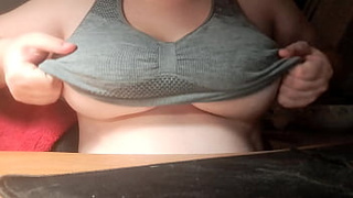 Busty Teenie whore teasing you, massaging and showing off her natural titties