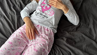 horny teenie in pajama masturbates fingering vagina squirting and get cums on from enormous penis