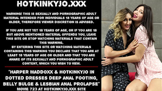 Harper Maddoxx & Hotkinkyjo in dotted dresses deep anal footing, belly bulge & lesbo anal prolapse