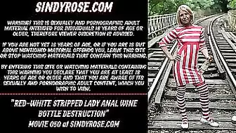 Red-white stripped lady anal wine bottle destruction