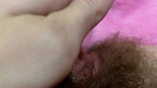 Giant pulsating clitoris climax in extreme close up with squirting hairy vagina grool play