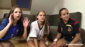 three Stunning Soccer Skanks Fuck a Lucky Dude