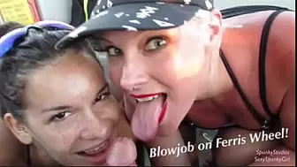 2 Skanks Blow My Dong on a Ferris Wheel! Super Risky Double Oral Sex in Public!