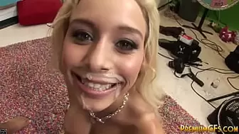 Blonde youngster swallows his gigantic dong then she bends over and gets vagina boned hard-core.