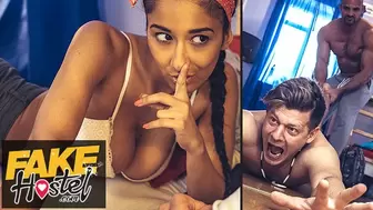 Fake Hostel - Cheating gf with attractive natural body rides a giant dick before it all kicks off
