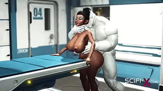 A attractive fresh busty black has hard anal sex with sex robot in the medbay