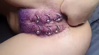 Purple Colored Hairy Pierced Twat Get Anal Fisting Squirt