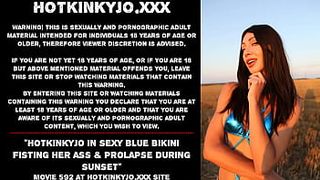 Hotkinkyjo in cute blue bikini fisting her booty & prolapse during sunset